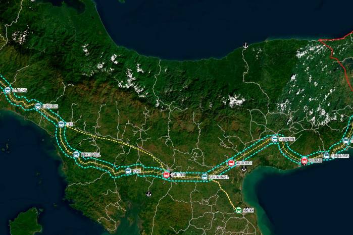 El mapa muestra el recorrido del tren Panamá- David según el estudio de 2019. Sobre este mapa el ORU/FSU incorporó una zona de influencia de 3 kms alrededor del eje del trazado propuesto, además de incluir propuestas de nuevas estaciones como la de Paso Canoas y Albrook. El mapa muestra el recorrido del tren Panamá- David según el estudio de 2019. Sobre este mapa el ORU/FSU incorporó una zona de influencia de 3 kms alrededor del eje del trazado propuesto, además de incluir propuestas de nuevas estaciones como la de Paso Canoas y Albrook.