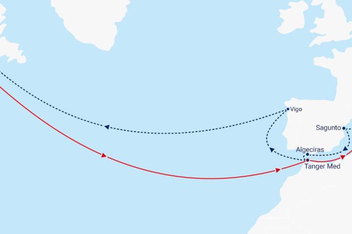 Imagen ilustrativa de una de las rutas transoceánica que realiza la naviera. Imagen ilustrativa de una de las rutas transoceánica que realiza la naviera.