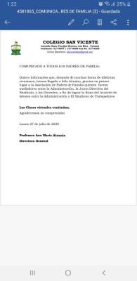 Comunicado del Colegio San Vicente Comunicado del Colegio San Vicente