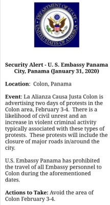 Alerta de la Embajada de Estados Unidos a su personal Alerta de la Embajada de Estados Unidos a su personal