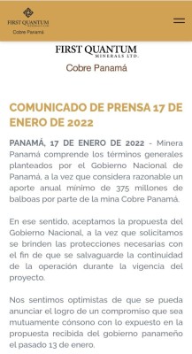 Comunicado de Minera Panamá sobre contrato con el Gobierno. Comunicado de Minera Panamá sobre contrato con el Gobierno.