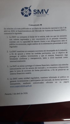 Comunicado de la Superintendencia de Mercado de Valores de Panamá. Comunicado de la Superintendencia de Mercado de Valores de Panamá.