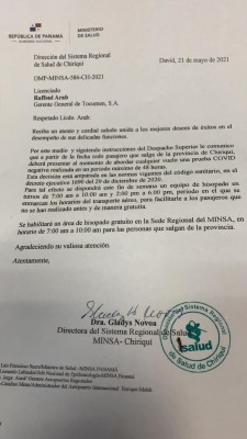 Nota del MINSA en Chiriquí sobre puesto de hisopado en el Aeropuerto Internacional Enrique Malek, en David, provincia de Chiriquí. Nota del MINSA en Chiriquí sobre puesto de hisopado en el Aeropuerto Internacional Enrique Malek, en David, provincia de Chiriquí.