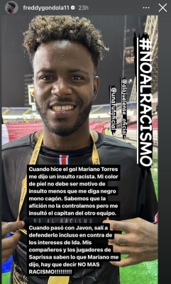 El mensaje colgado por Freddy Góndola acusando su malestar por los hechos de supuesto racismo. El mensaje colgado por Freddy Góndola acusando su malestar por los hechos de supuesto racismo.