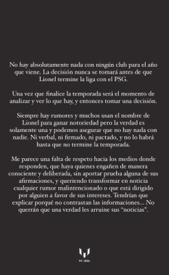 Comunicado de Jorge Messi sobre el futuro de Lionel Messi. Comunicado de Jorge Messi sobre el futuro de Lionel Messi.