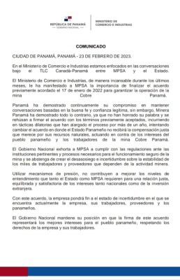 Comunicado del Ministerio de Comercio e Industrias. Comunicado del Ministerio de Comercio e Industrias.