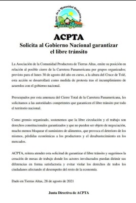 Comunicado de la ACPTA sobre posible cierre de la Panamericana el próximo 30 de agosto. Comunicado de la ACPTA sobre posible cierre de la Panamericana el próximo 30 de agosto.