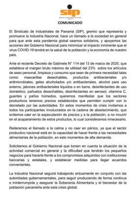 Sindicato de Industriales de Panamá solicita al Gobierno analizar situación del comercio. Sindicato de Industriales de Panamá solicita al Gobierno analizar situación del comercio.