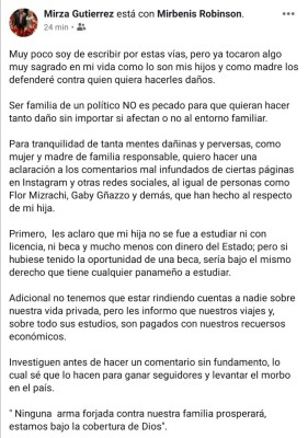Mirza Gutierrez, esposa del diputado, Benicio Robison da su punto de vista ante los ataques que ha recibido su hija Mirbenis Robinson en redes sociales por un viaje de estudio. Mirza Gutierrez, esposa del diputado, Benicio Robison da su punto de vista ante los ataques que ha recibido su hija Mirbenis Robinson en redes sociales por un viaje de estudio.