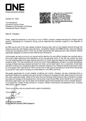 Carta de la naviera ONE. Carta de la naviera ONE.