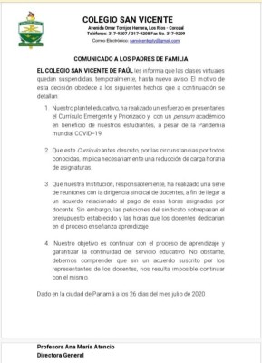 Comunicado del Colegio San Vicente de Paúl. Comunicado del Colegio San Vicente de Paúl.