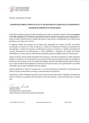 Comunicado de prensa firmado por Amanda Destro, presidenta de la Junta Directiva de la Red de Museos y Centros de Visitantes de Panamá. Comunicado de prensa firmado por Amanda Destro, presidenta de la Junta Directiva de la Red de Museos y Centros de Visitantes de Panamá.