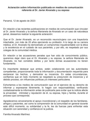 Aclaración sobre información publicada en medios de comunicación referente al Dr. Javier Alvarado y su esposa Aclaración sobre información publicada en medios de comunicación referente al Dr. Javier Alvarado y su esposa