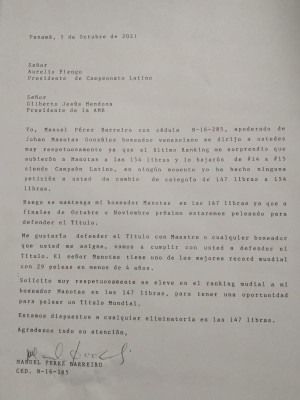 Carta de Manuel Pérez Barreiro apoderado de boxeo dirigida a Aurelio Fianco, presidente de Campeonato Latino y Gilberto Jesús Mendoza, presidente de la Asociación Mundial de boxeo (AMB). Carta de Manuel Pérez Barreiro apoderado de boxeo dirigida a Aurelio Fianco, presidente de Campeonato Latino y Gilberto Jesús Mendoza, presidente de la Asociación Mundial de boxeo (AMB).
