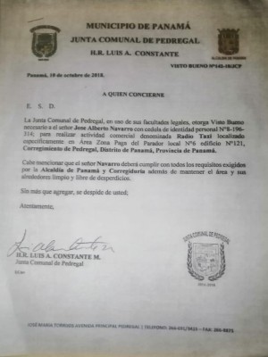 Autorización de Junta Comunal de Pedregal. Autorización de Junta Comunal de Pedregal.
