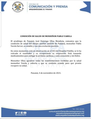 Comunicado de monseñor José Domingo Ulloa sobre salud de monseñor Pablo Varela. Comunicado de monseñor José Domingo Ulloa sobre salud de monseñor Pablo Varela.