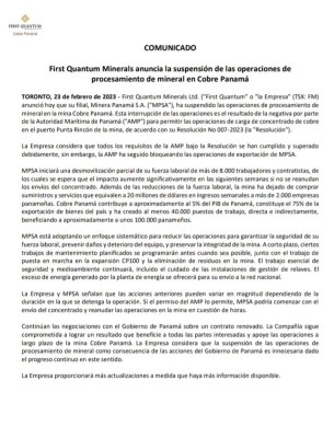 Comunicado de First Quantum Minerals. Comunicado de First Quantum Minerals.