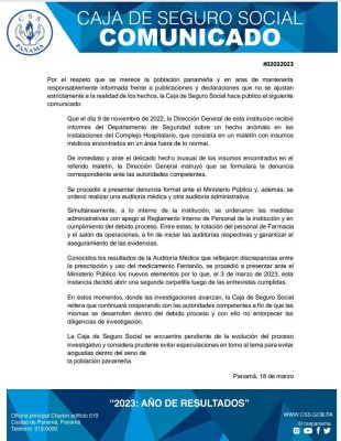 Comunicado de la Caja de Seguro Social por la desaparición del Fentanilo Comunicado de la Caja de Seguro Social por la desaparición del Fentanilo
