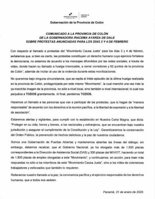 Comunicado de la Gobernación de Colón Comunicado de la Gobernación de Colón