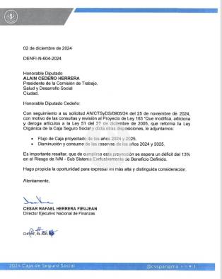Carta presentada a la Asamblea por director de finanzas de la CSS. Carta presentada a la Asamblea por director de finanzas de la CSS.