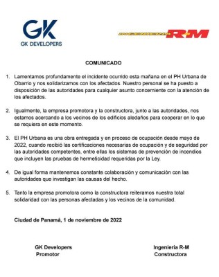 Comunicado GK Developers e Ingeniería R-M, los encargados de la edificación. Comunicado GK Developers e Ingeniería R-M, los encargados de la edificación.