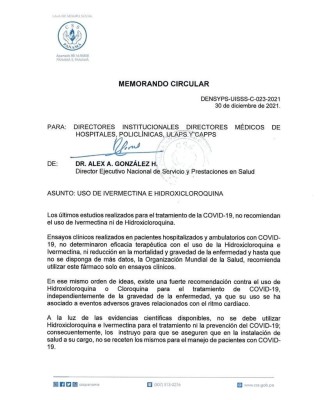 Circular de la CSS donde no recomienda el uso de la Hidroxicloroquina e Ivermectina, para combatir la covid-19. Circular de la CSS donde no recomienda el uso de la Hidroxicloroquina e Ivermectina, para combatir la covid-19.