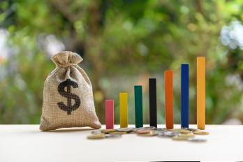 Government budget, public spending concept : Dollar bag, increasing height bar graphs on a table, depicts the increment in annual financial budget or revenues that government collects from tax payer. Government budget, public spending concept : Dollar bag, increasing height bar graphs on a table, depicts the increment in annual financial budget or revenues that government collects from tax payer.