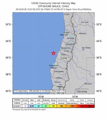 Un mapa con la intensidad del sismo, del Servicio Geológico de los Estados Unidos (USGS, en inglés). Un mapa con la intensidad del sismo, del Servicio Geológico de los Estados Unidos (USGS, en inglés).