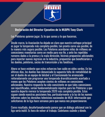 La asociación de jugadores han rechazado la ultima propuesta de la MLB La asociación de jugadores han rechazado la ultima propuesta de la MLB