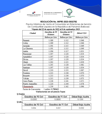 Precio máximo de venta al consumidor en la estaciones de servicio de Panamá del 28 de agosto al 8 de septiembre. Precio máximo de venta al consumidor en la estaciones de servicio de Panamá del 28 de agosto al 8 de septiembre.