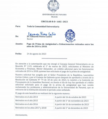 Universidad de Panamá, Circular R-D-1682-2023 del 24 de agosto de 2023. Universidad de Panamá, Circular R-D-1682-2023 del 24 de agosto de 2023.