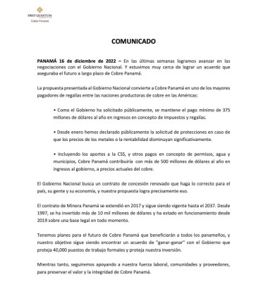Comunicado de Minera Panamá luego de que el Consejo de Gabinete haya dado instrucciones de suspender las operaciones. Comunicado de Minera Panamá luego de que el Consejo de Gabinete haya dado instrucciones de suspender las operaciones.