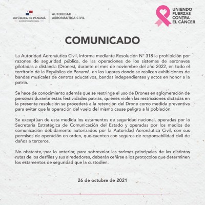Comunicado de prensa sobre la restricción del uso de drones en exhibiciones de fiestas patrias Comunicado de prensa sobre la restricción del uso de drones en exhibiciones de fiestas patrias