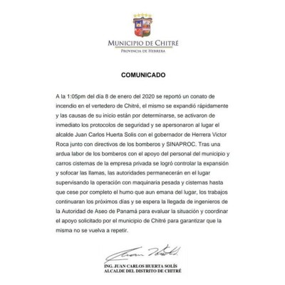 Comunicado del Municipio de Chitré. Comunicado del Municipio de Chitré.
