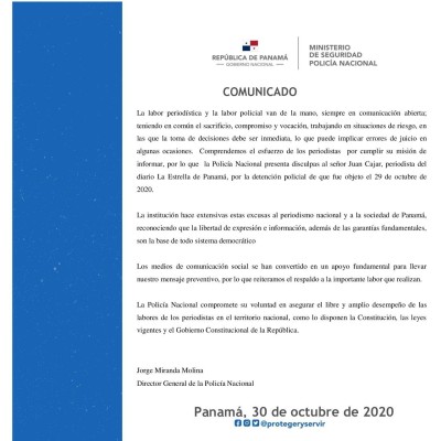 Comunicado de la Policía Nacional ante aprehensión de periodista del diario La Estrella de Panamá. Comunicado de la Policía Nacional ante aprehensión de periodista del diario La Estrella de Panamá.
