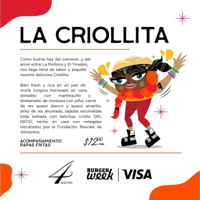 'La Criollita', hamburguesa representante del restaurante 4Bistro en el Burger Week 2020. 'La Criollita', hamburguesa representante del restaurante 4Bistro en el Burger Week 2020.
