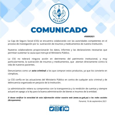 Comunicado de la CSS ante robo de medicamentos e insumos. Comunicado de la CSS ante robo de medicamentos e insumos.