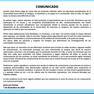 Comunicado José Luis Paniza Comunicado José Luis Paniza