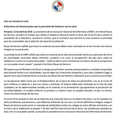 Mediante un escrito, este domingo las enfermeras y enfermeros abogan por la transformación del sistema de salud del país. Mediante un escrito, este domingo las enfermeras y enfermeros abogan por la transformación del sistema de salud del país.
