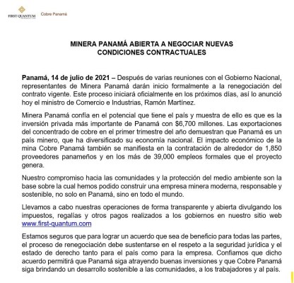 Comunicado de First Quantum Minerals Ltd. sobre renegociación. Comunicado de First Quantum Minerals Ltd. sobre renegociación.