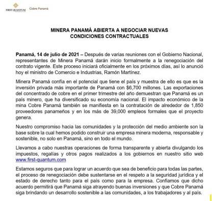 Comunicado de First Quantum Minerals Ltd. sobre renegociación. Comunicado de First Quantum Minerals Ltd. sobre renegociación.