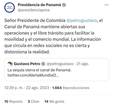 Respuesta de la Presidencia de Panamá al presidente colombiano Gustavo Petro a través de X. Respuesta de la Presidencia de Panamá al presidente colombiano Gustavo Petro a través de X.