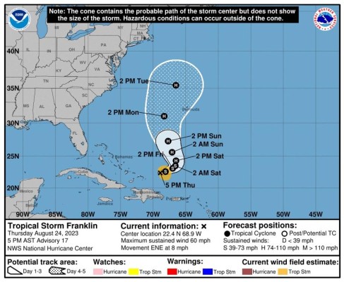 El Centro Nacional de Huracanes muestra la trayectoria de siete días de la tormenta tropical Franklin, que se convirtió este sábado en huracán 1 en aguas del Océano Atlántico. El Centro Nacional de Huracanes muestra la trayectoria de siete días de la tormenta tropical Franklin, que se convirtió este sábado en huracán 1 en aguas del Océano Atlántico.