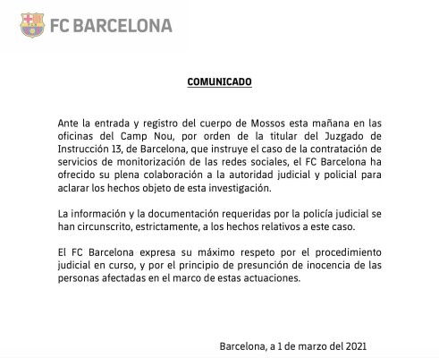 Comunicado del FC Barcelona Comunicado del FC Barcelona