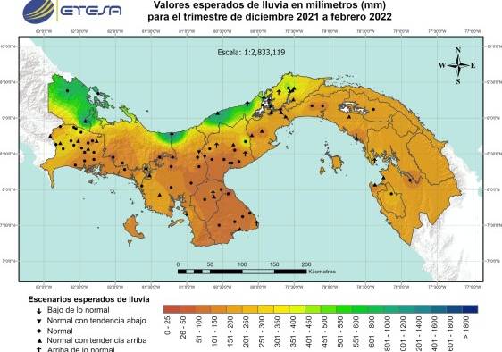 El mapa muestra el pronóstico de lluvia acumulada esperada para el trimestre de diciembre 2021 a febrero del 2022. El mapa muestra el pronóstico de lluvia acumulada esperada para el trimestre de diciembre 2021 a febrero del 2022.