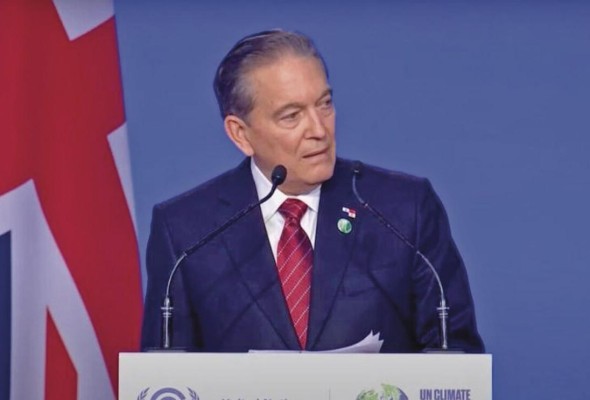 El presidente de la República de Panamá, Laurentino Cortizo Cohen, durante su ponencia en la COP26. El presidente de la República de Panamá, Laurentino Cortizo Cohen, durante su ponencia en la COP26.