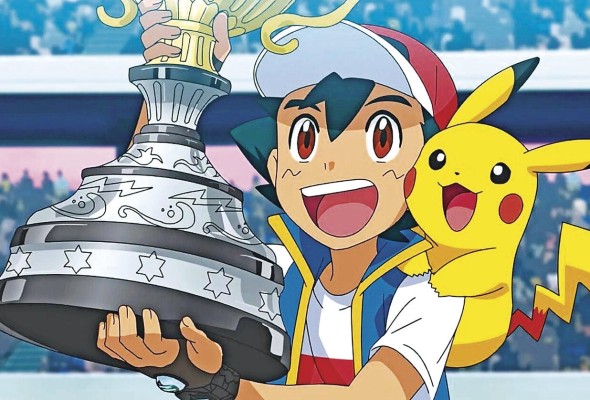 Ash Ketchum y Picachu levantando el trofeo de la Liga Pokémon. Ash Ketchum y Picachu levantando el trofeo de la Liga Pokémon.