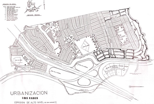 Plano de la lotificación para las urbanización Los Andes, etapas 1 y 2. En él se observan las propuestas de espacios públicos, los dos centros institucionales, y las dos áreas naturales, el parque forestal y el parque acuático, que no llegaron a concretarse. Plano de la lotificación para las urbanización Los Andes, etapas 1 y 2. En él se observan las propuestas de espacios públicos, los dos centros institucionales, y las dos áreas naturales, el parque forestal y el parque acuático, que no llegaron a concretarse.