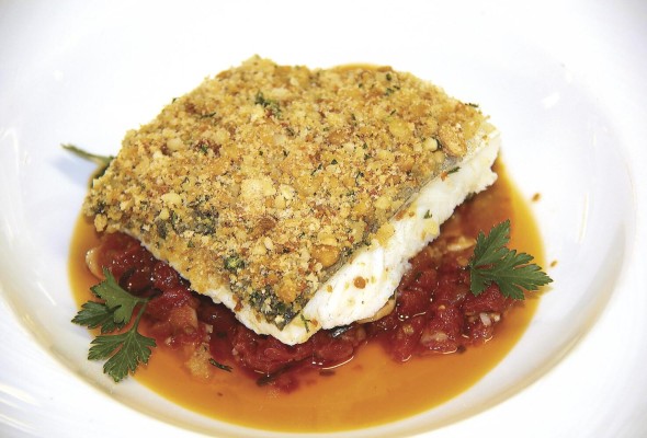 Bacalao en camisa seca de romesco Bacalao en camisa seca de romesco