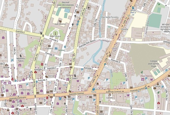 Mosaico del centro urbano de la ciudad de Santiago, provincia de Veraguas, utilizando las teselas del mapa en el “estilo estándar”. Mosaico del centro urbano de la ciudad de Santiago, provincia de Veraguas, utilizando las teselas del mapa en el “estilo estándar”.
